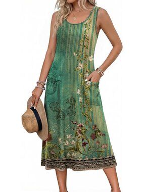 Women's Green Floral Crewneck Midi Summer Sleeveless Dress Beach Casual Sundress